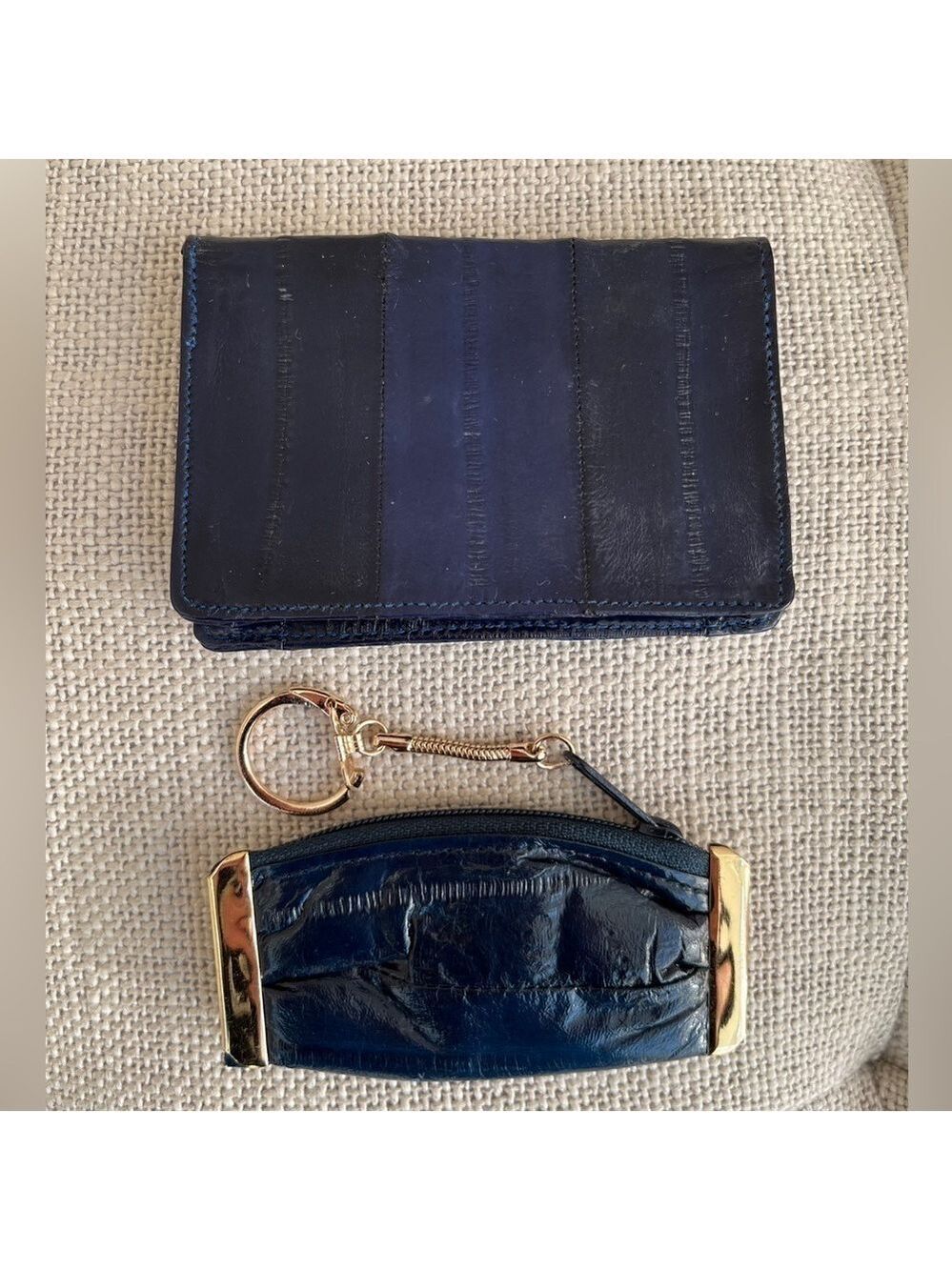 VINTAGE Eel Skin Navy Blue 2 Piece Set Card Holder Wallet Key Coin Pouch